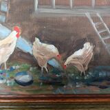 Painting, farmyard painting, hens signed