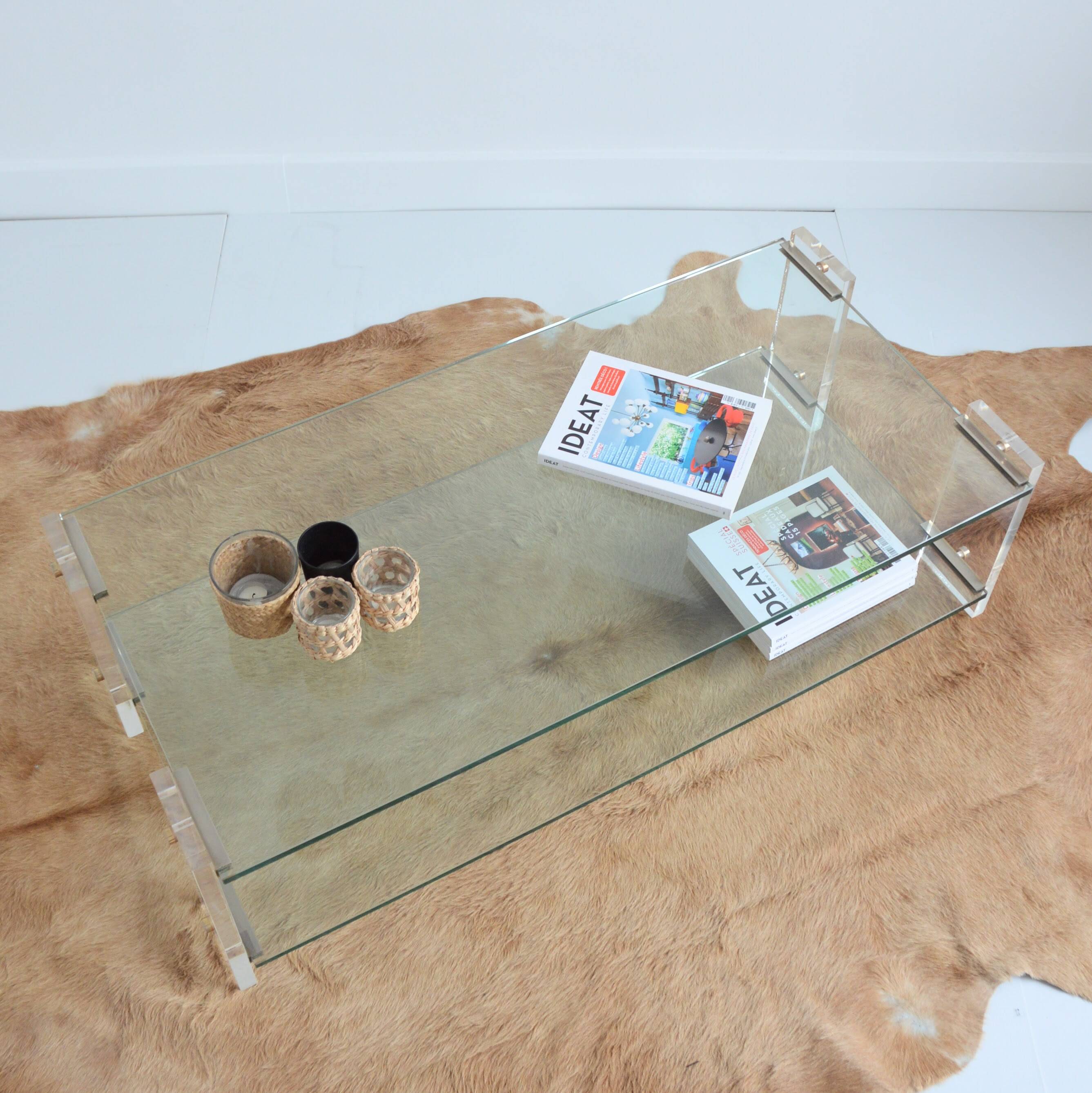 Vintage 1970s double-tier glass and plexiglass coffee table.