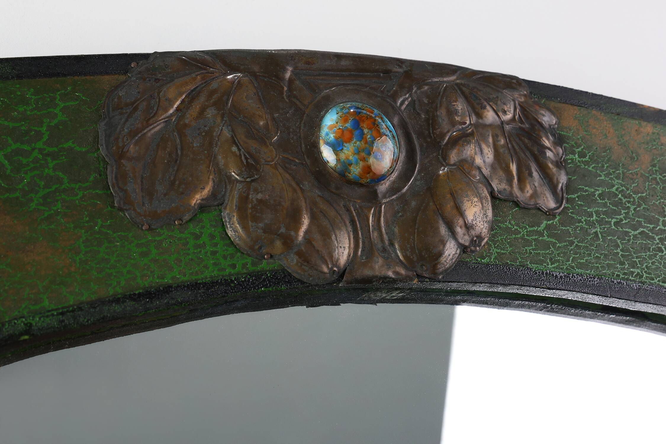 Arts & Crafts Mirror in green metal with glass decoration, France ca. 1905