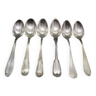 6 large mismatched old silver metal spoons for a chic table