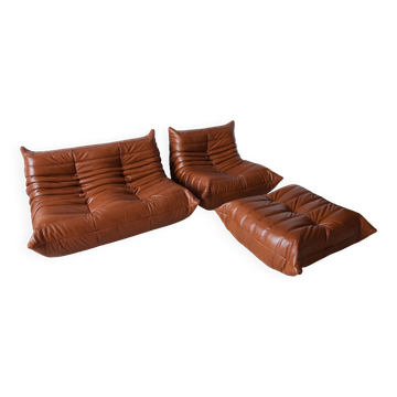 Togo set of 2-seater sofa, armchair and pouf in whiskey brown leather