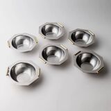 1980s vintage bowls, set of 8, stainless steel with gold handles.