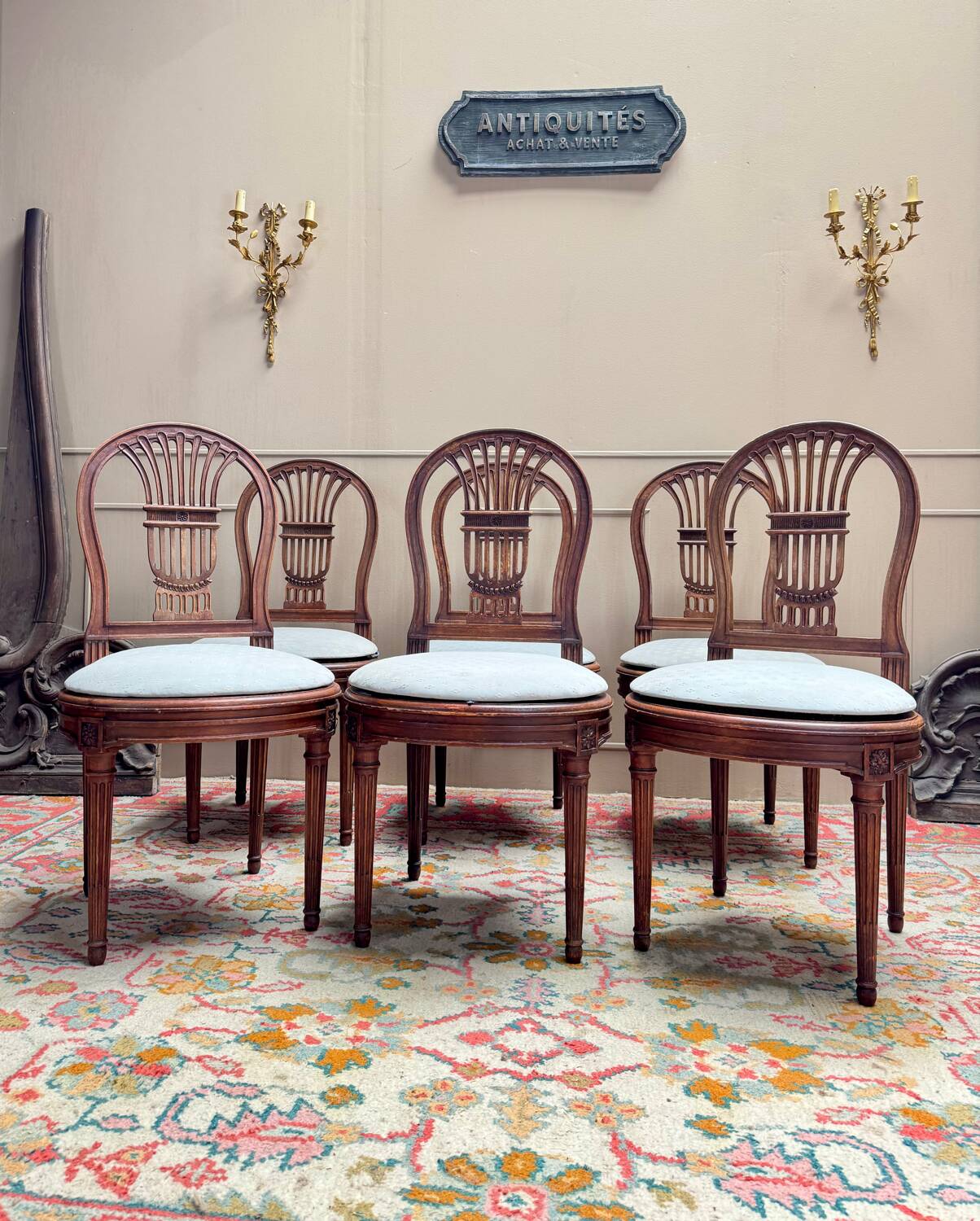 Set of six Louis XV style natural wood sheaf back chairs