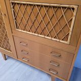 Armoire commode bois et rotin 1960