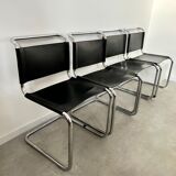 Set of 6 design chairs Matteo Grassi tubular metal and black leather year 70/80 Bauhaus style