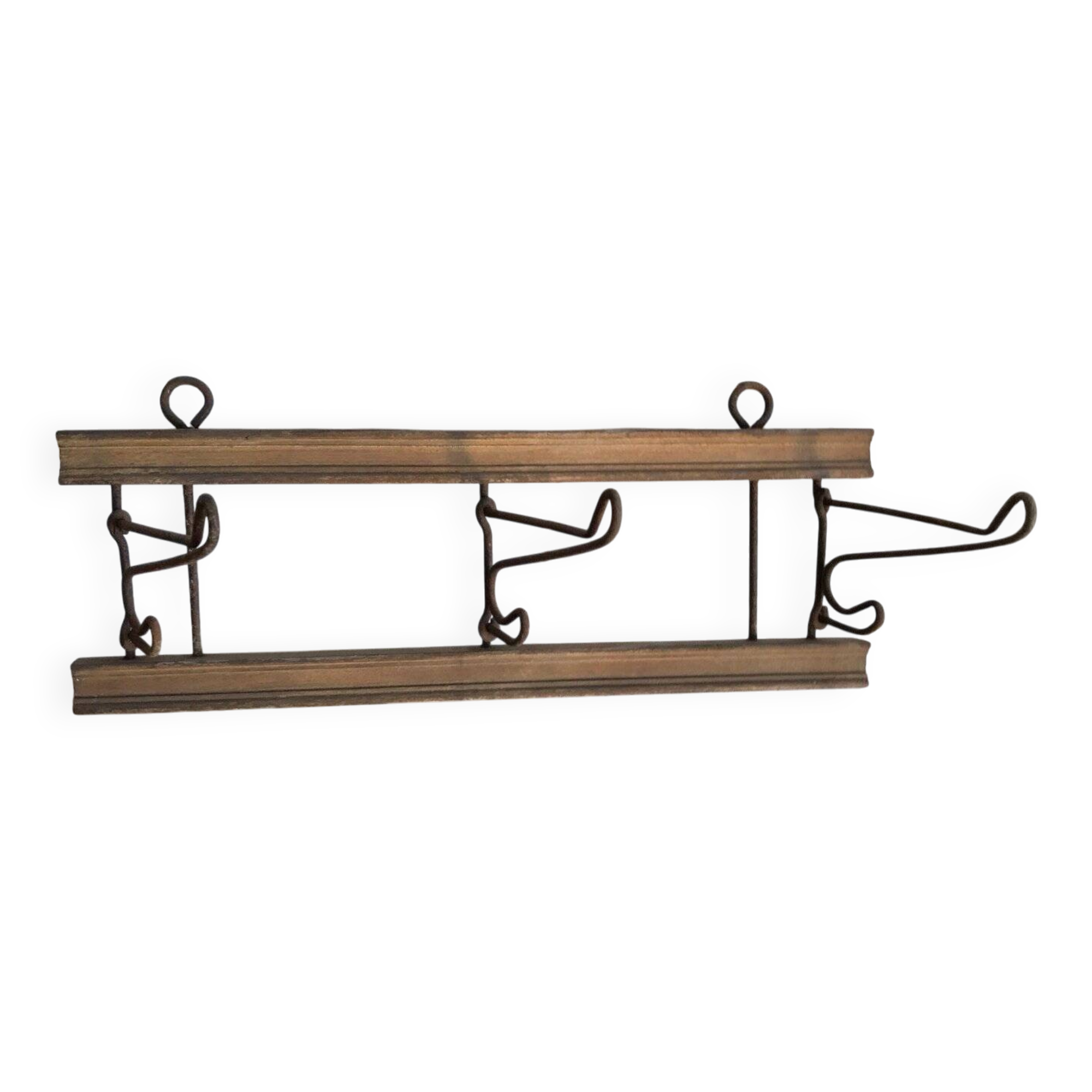 Porte-manteau mural antique en bois et fer marron, vers 1900, crochets pliants