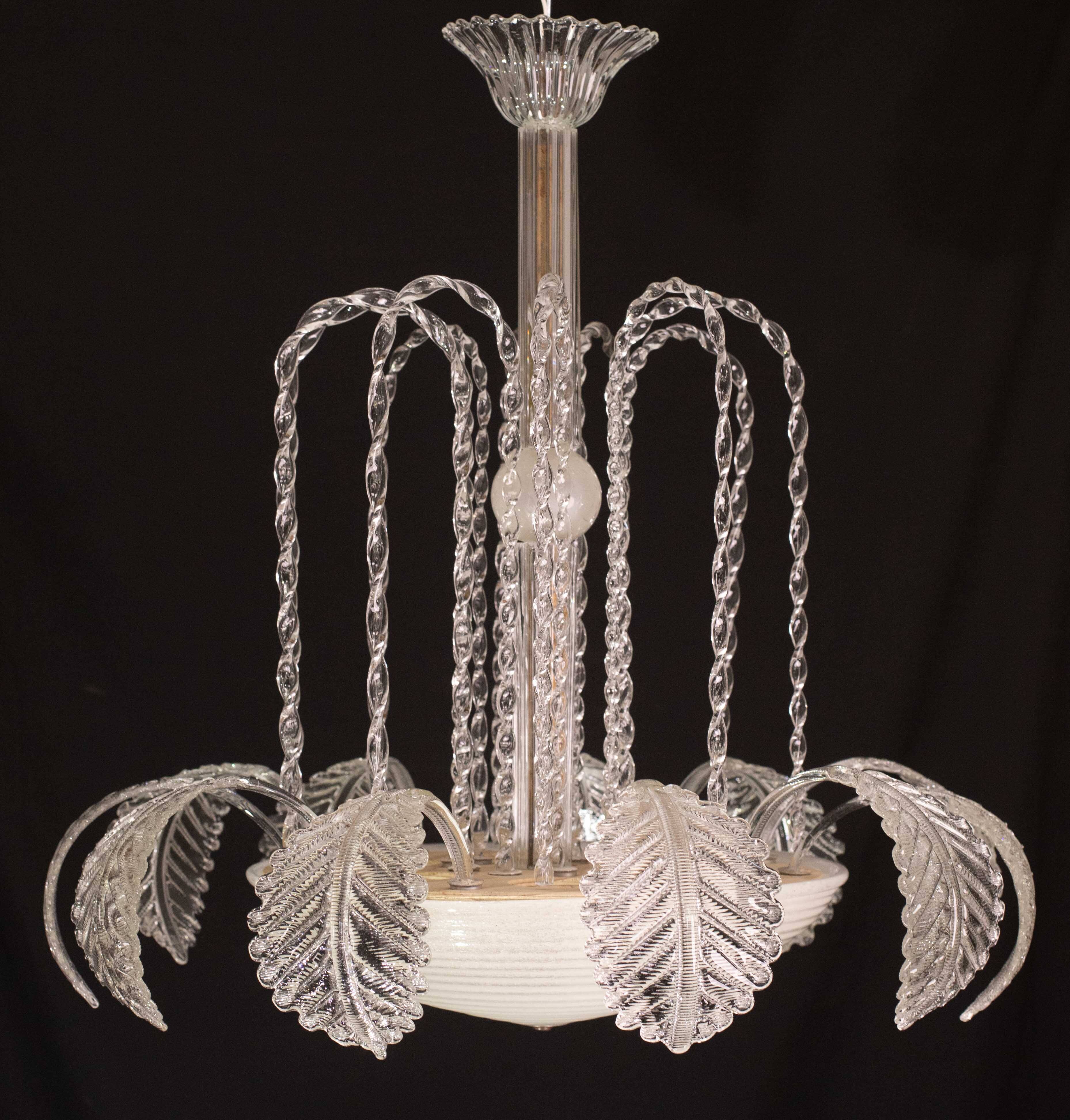 Elegant Art Decò, Barovier & Toso Chandelier, Murano Glass, 1950s