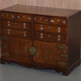 Elm apothecary cabinet with cupboard base