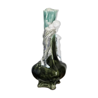 Vase Art Nouveau en céramique émaillée – Femme et chien - Vers 1900