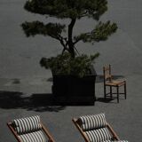 Mid-century dining/lounge chairs in pine and striped cotton canvas, Denmark, 1970s.