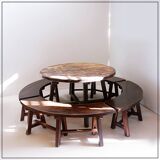 Round Table with 4 Curved Benches, France 1960s