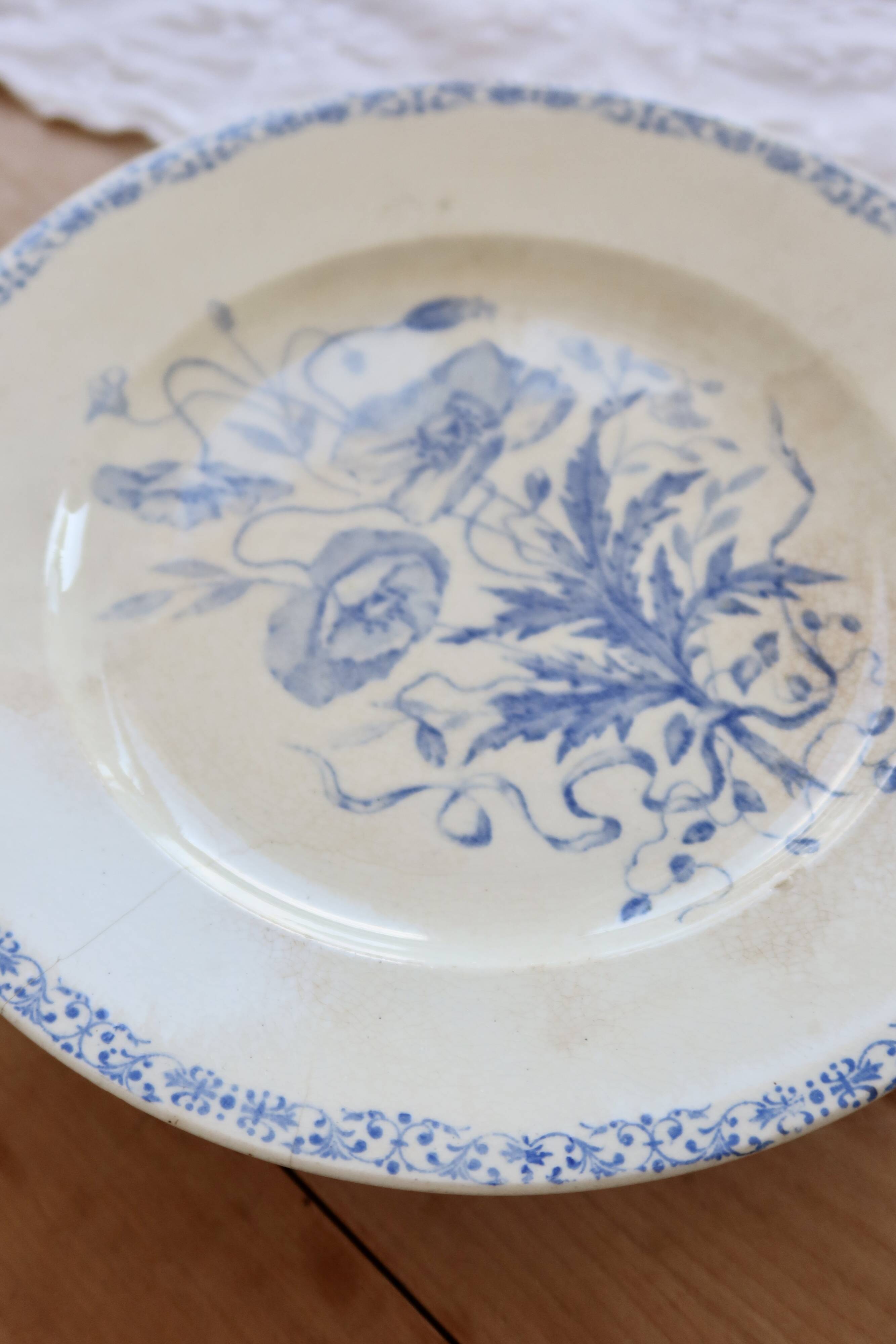 Antique compote dish, ironstone, Jules Vieillard, Bordeaux, blue poppy.