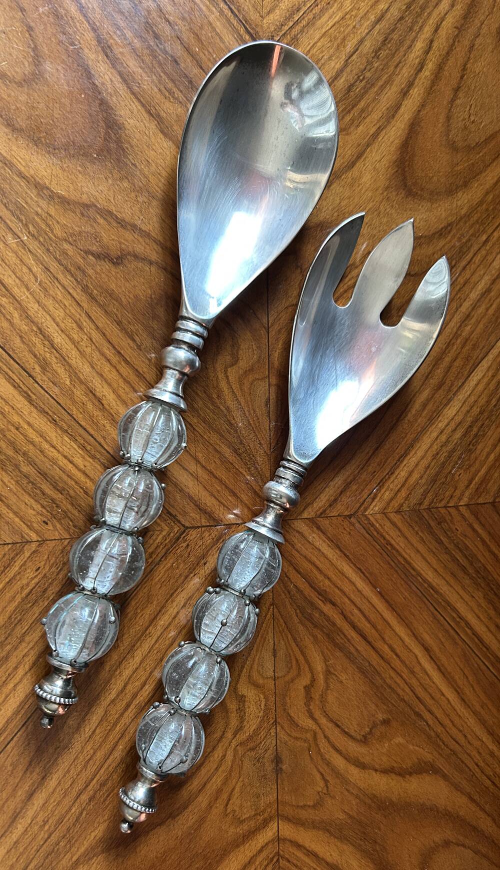 Vintage salad set – silver-plated metal and blown glass handles