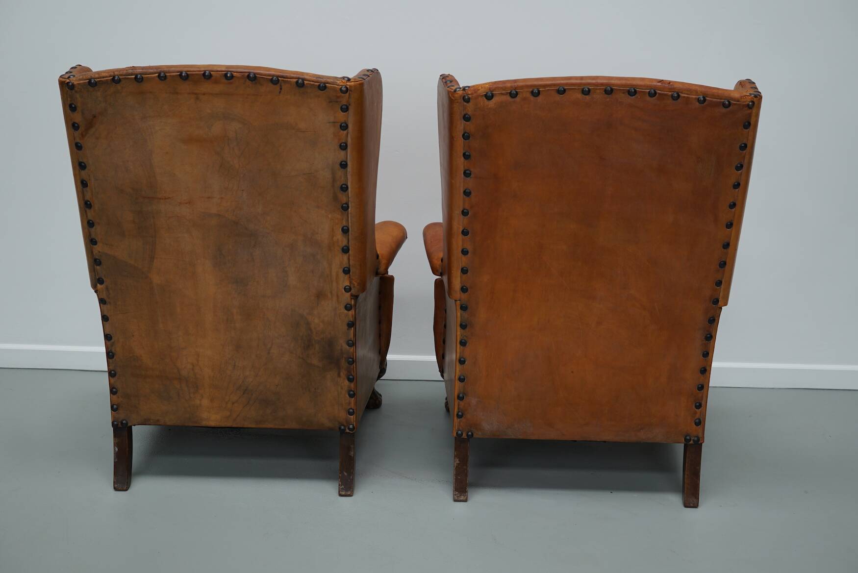 Old Patinated Dutch Cognac Colored Leather Club Chair, Set of 2