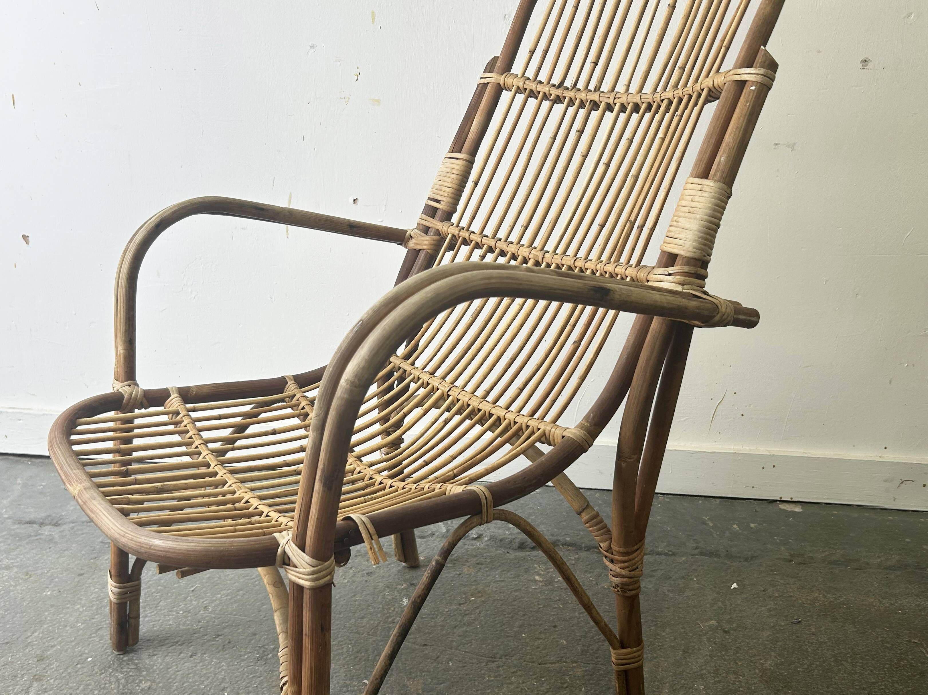 Pair Mid-Century 1960s Vintage Rattan Bamboo Lounge Arm Chairs