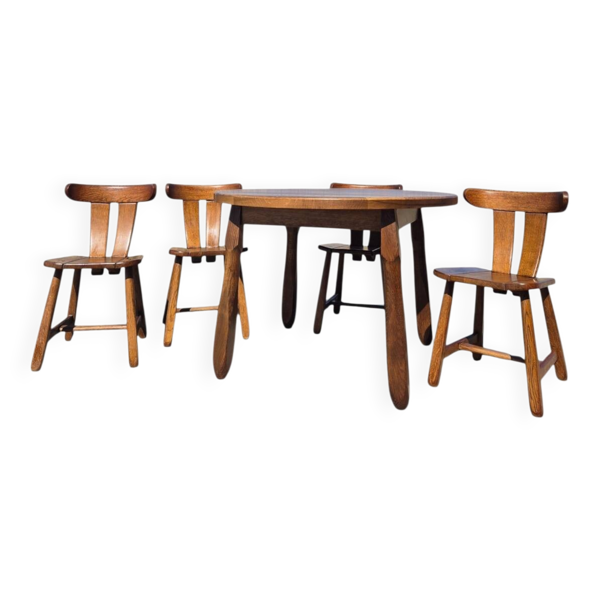 Table à manger ronde en chêne massif de style brutaliste avec 4 chaises Depuydt Belgique
