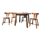 Brutalist set solid oak round dining table 4 chairs Depuydt Belgium