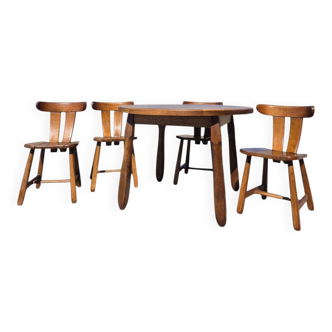 Brutalist set solid oak round dining table 4 chairs Depuydt Belgium