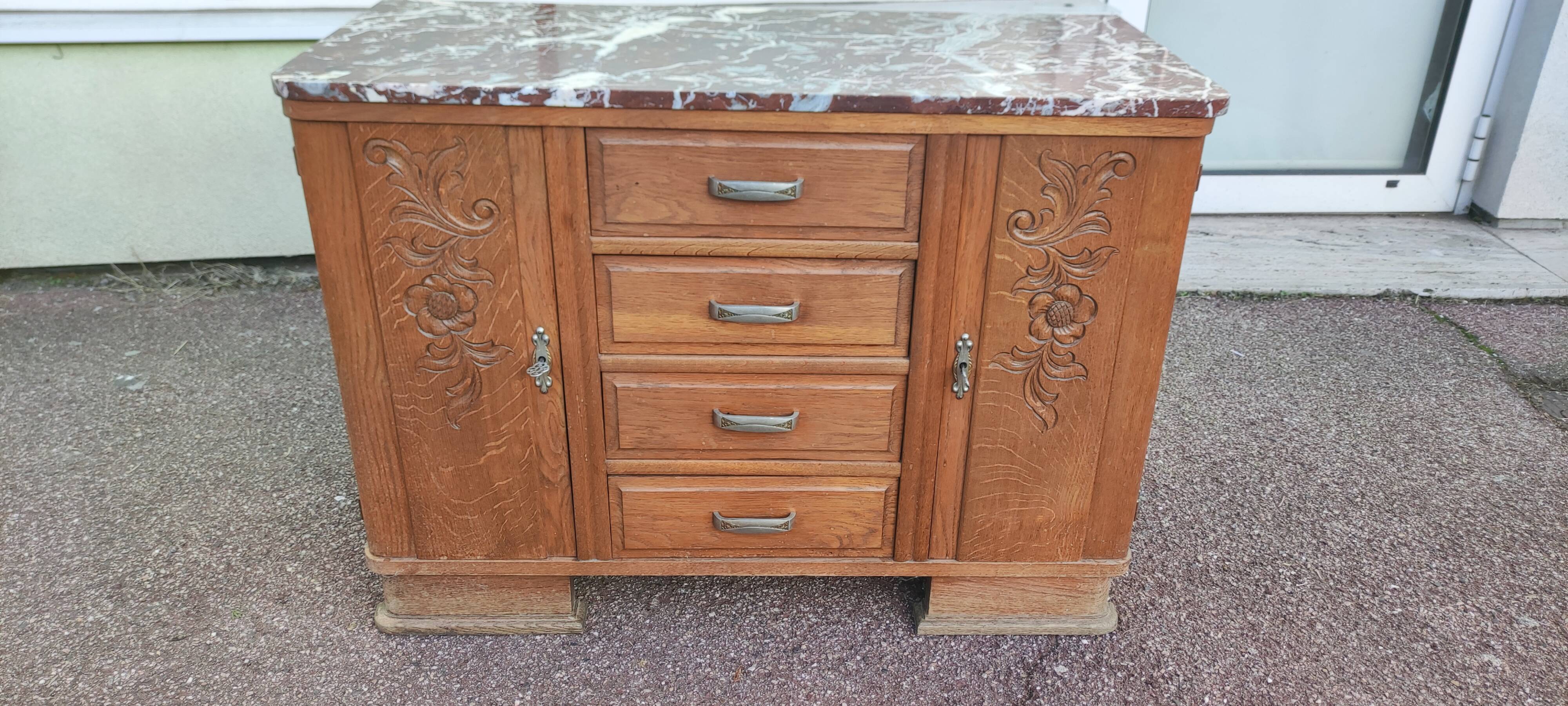 Small Buffet Commode Solid wood 4 drawer - Red marble - 1950