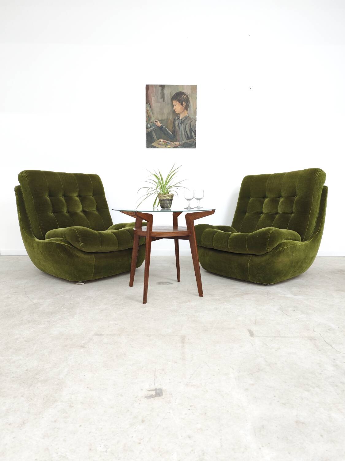 Pair of green velvet Atlantis armchairs by Jitona, ex Czechoslovakia 60s