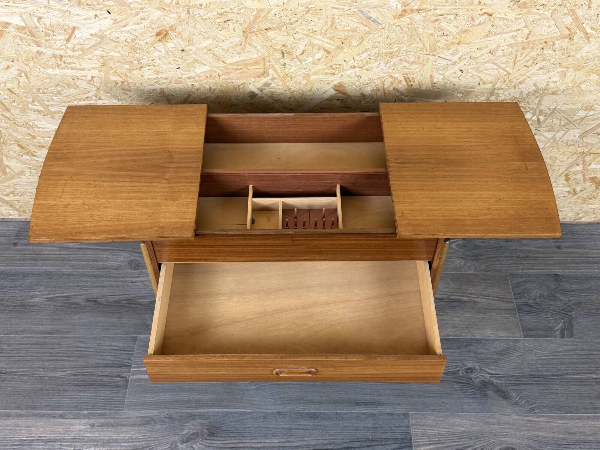 1960s 1970s Teak Sewing Box Sewing Table Utensil Holder with Basket