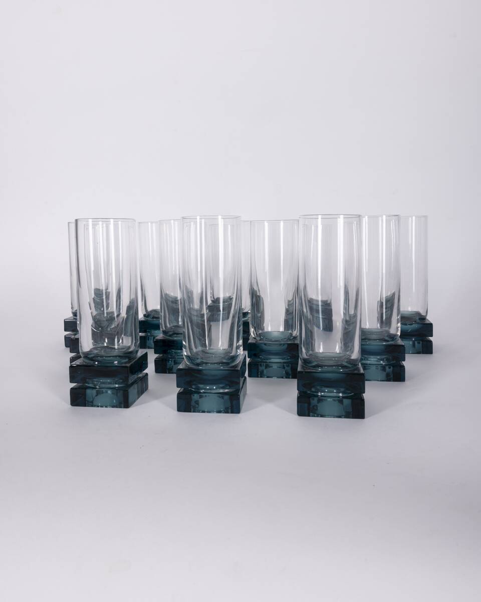 Vintage Italian Blue Crystal Glasses, 1970s, Set of 11