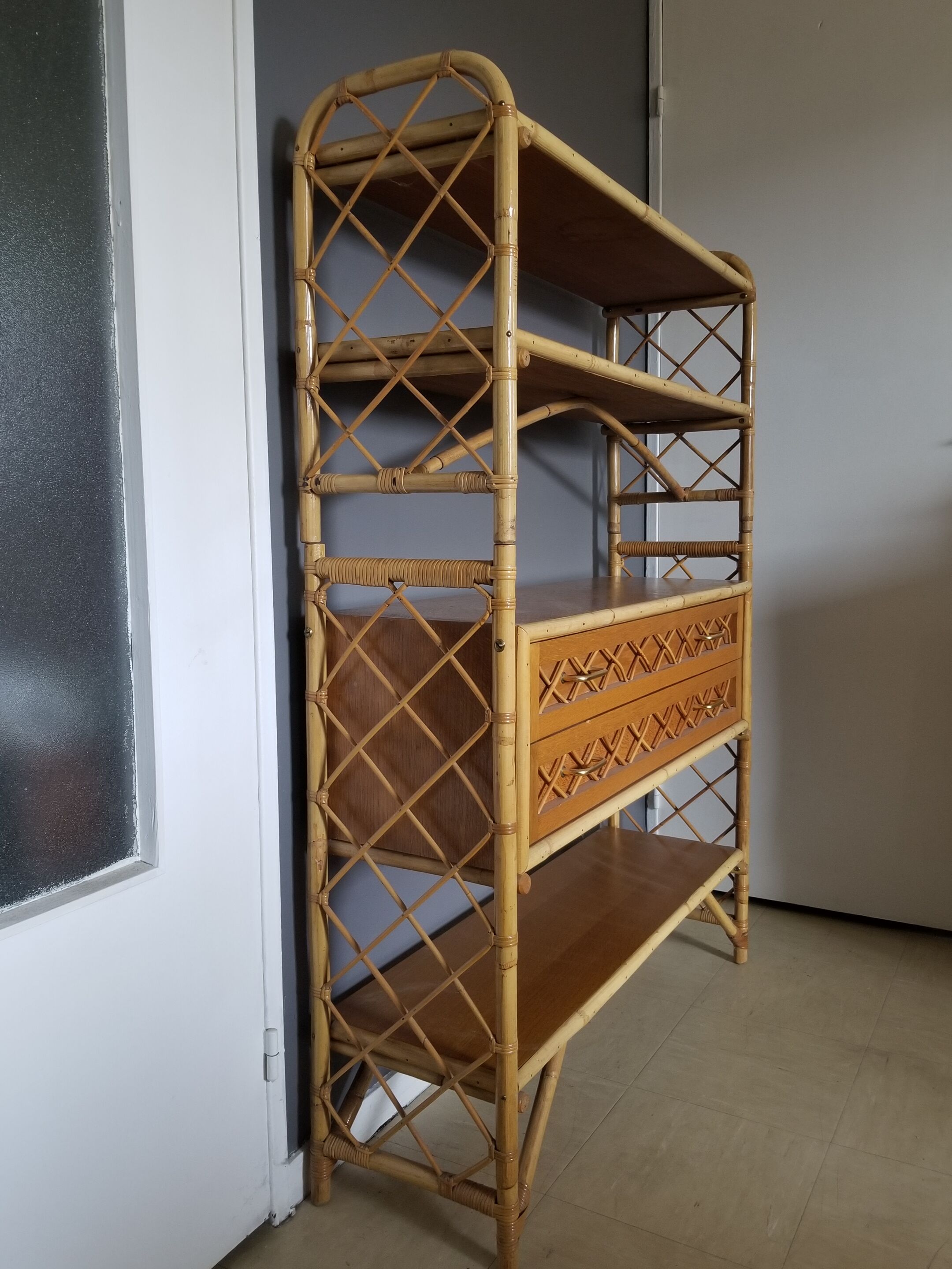 Louis Sognot vintage bamboo and rattan library - 1960s