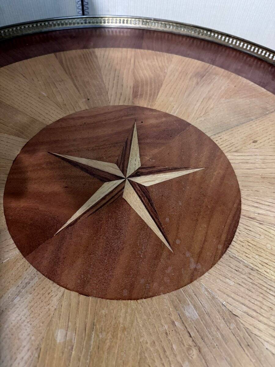 Bouillotte table in Louis XVI style with marquetry and gilded brass inlays.