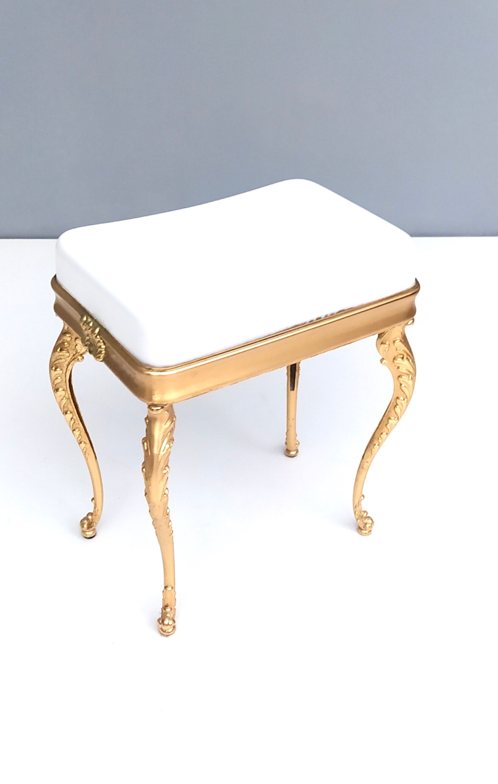 Midcentury White Plastic Seat Ottoman with Cast Brass Legs, Italy