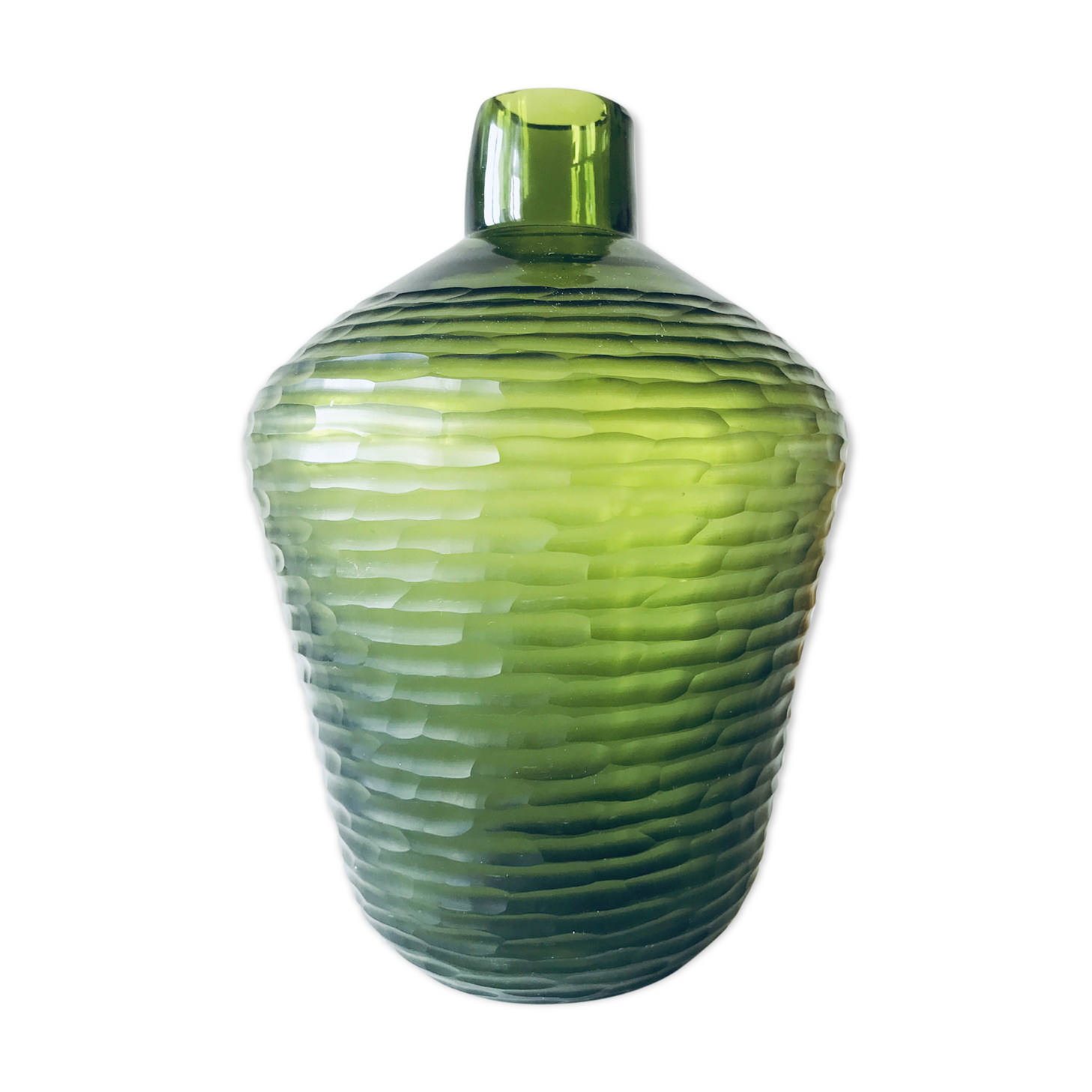 Green carved glass vase