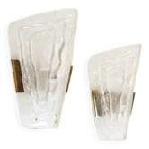 Pair of 1970s ice glass and brass wall lamps by Hillebrand