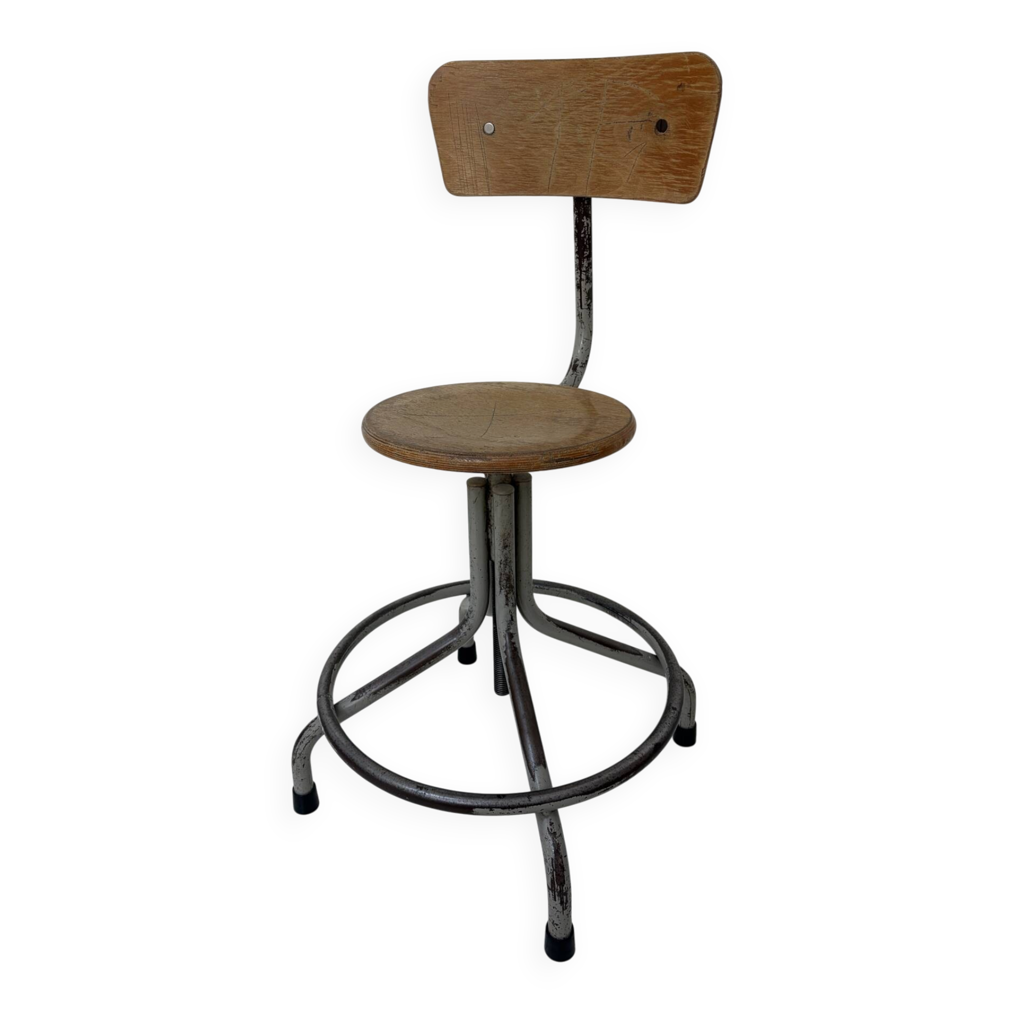 Vintage workshop chair in metal and wood, industrial style.