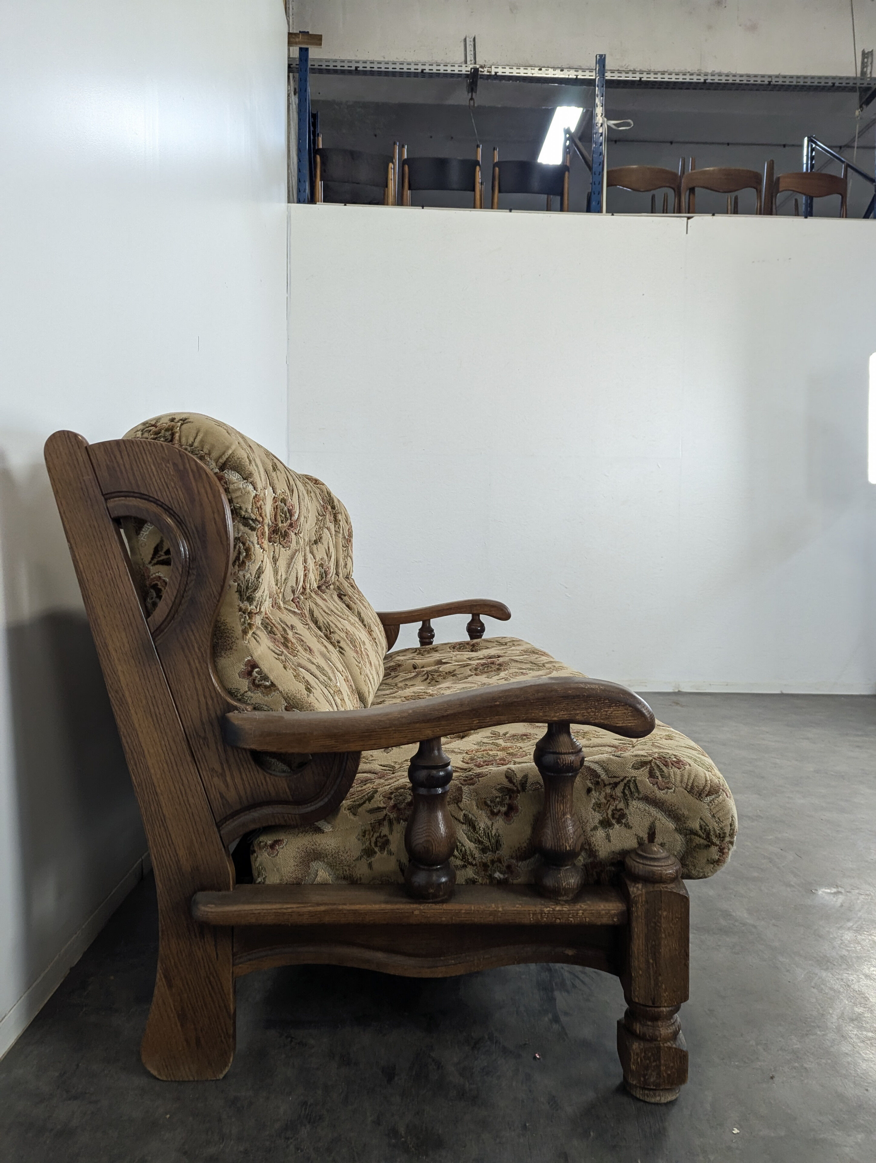 Rustic solid oak sofa with floral decoration