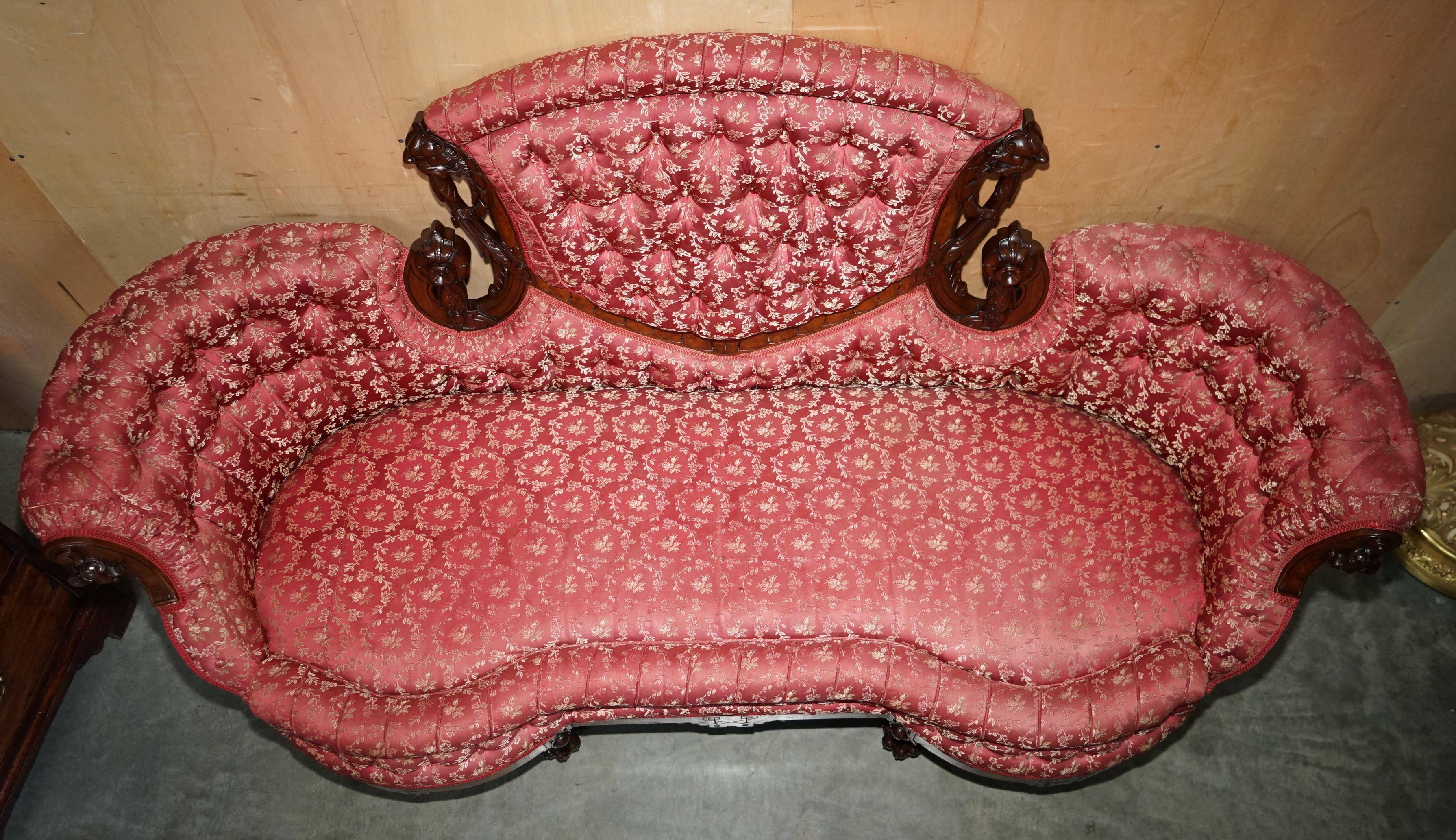 Canapé bibliothécaire victorien en acajou sculpté avec lions