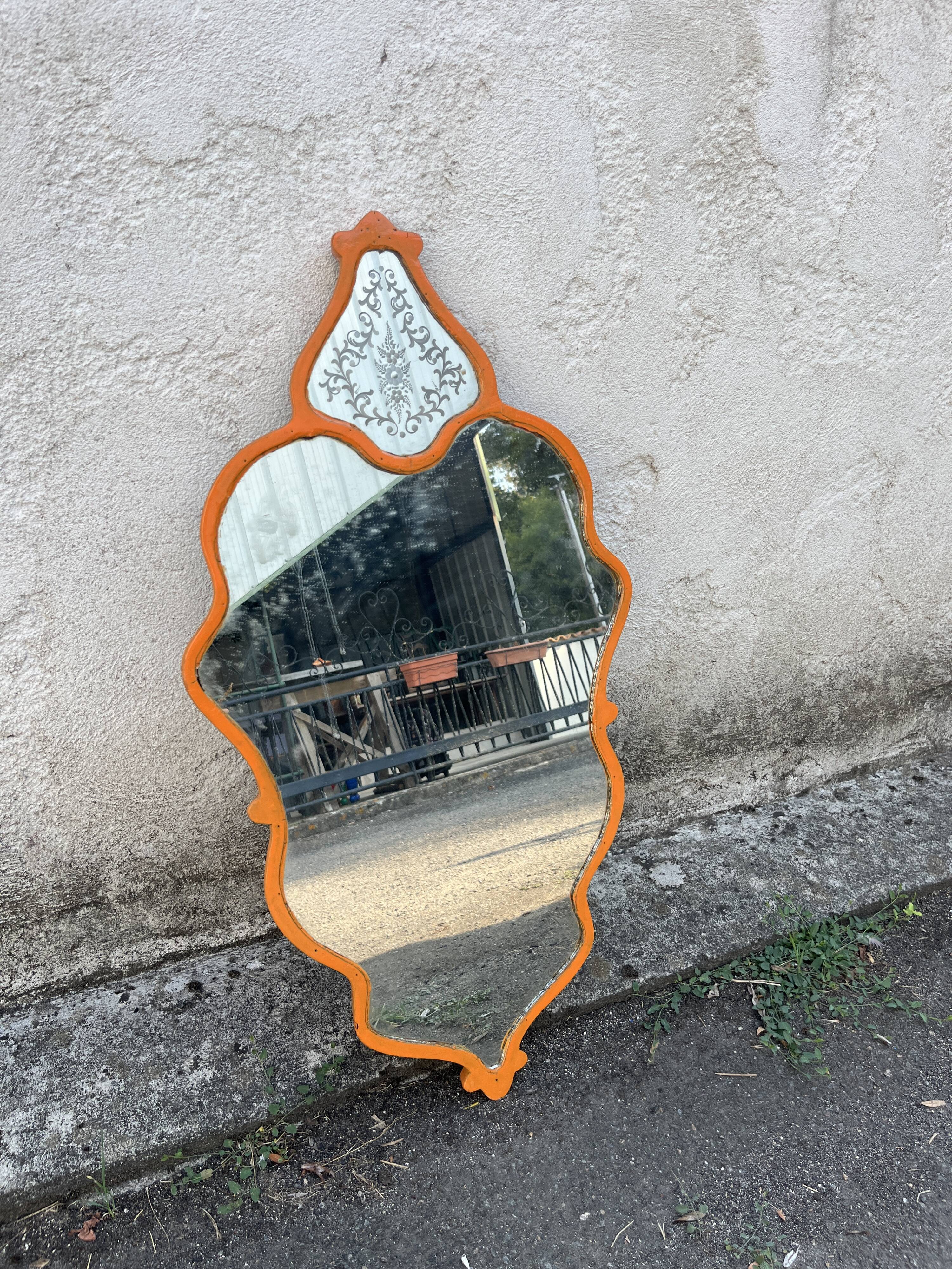 Vintage Venetian mirror, orange painted wooden frame