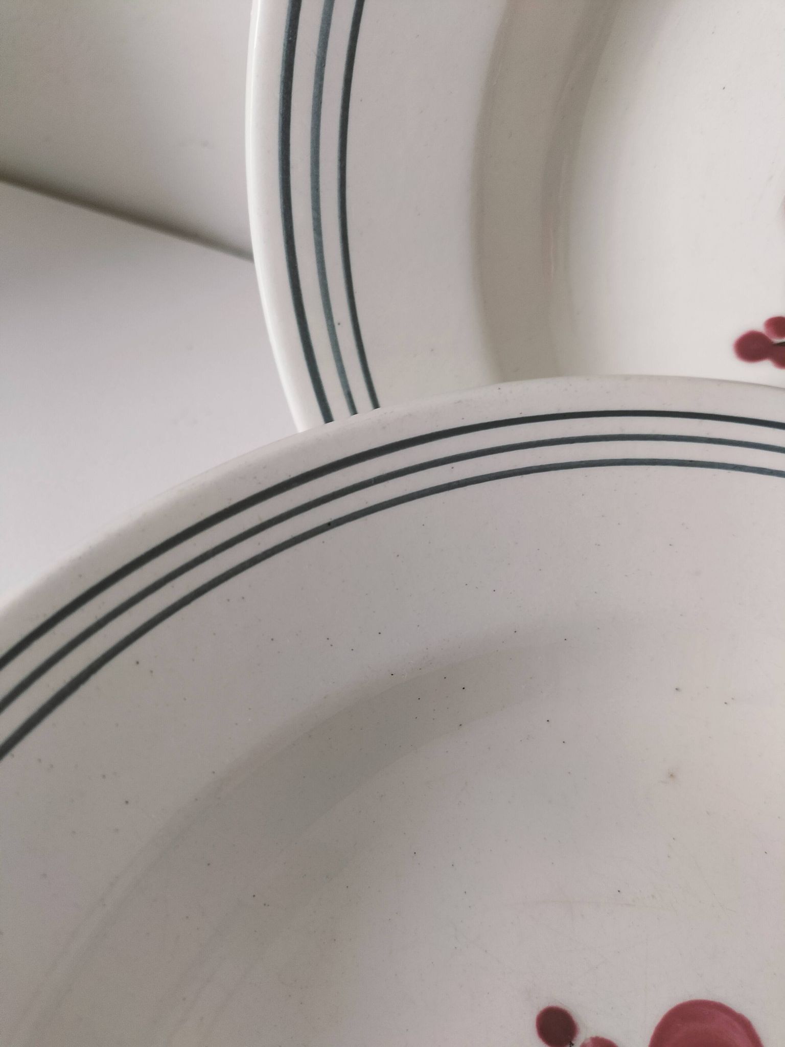 7 Salins Odile soup plates – raspberry flowers & blue border