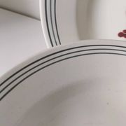 7 Salins Odile soup plates – raspberry flowers & blue border