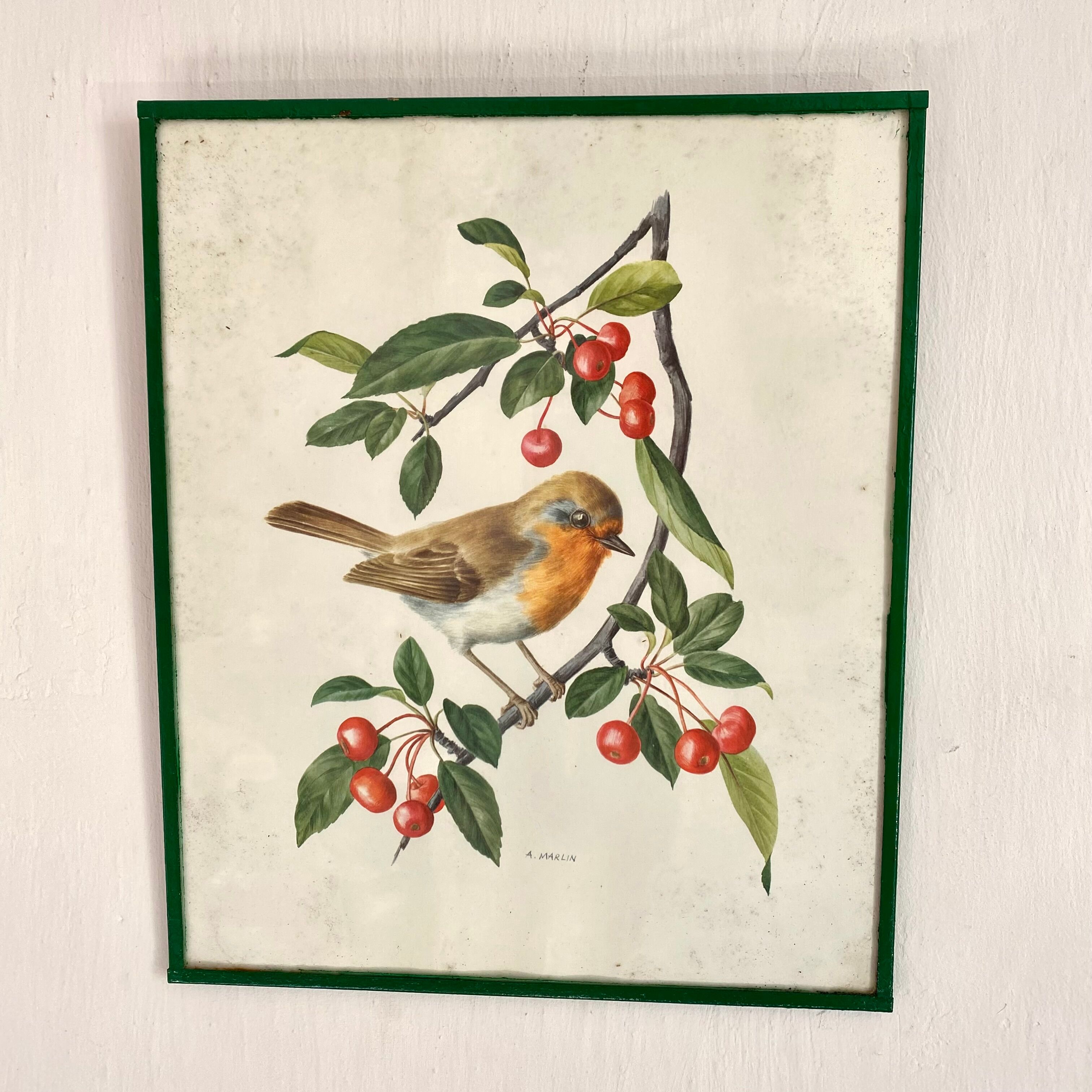 Antique engraving bird in metal frame