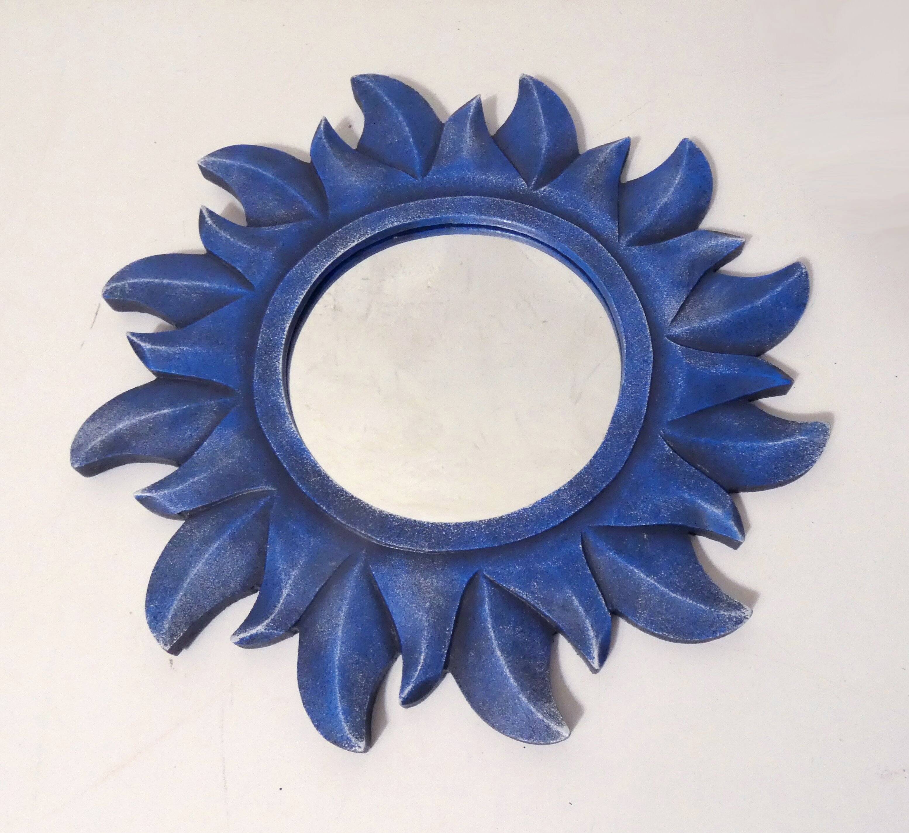 Miroir soleil bleu en bois sculpté vintage