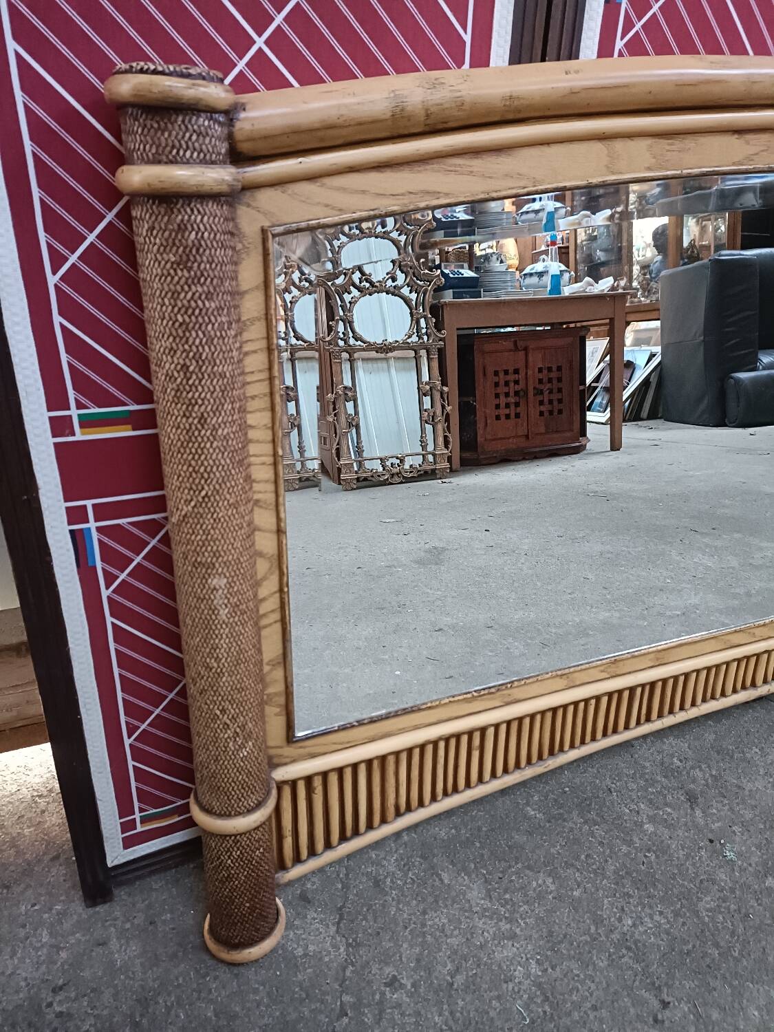 Vintage bamboo and cane wall mirror, beveled glass