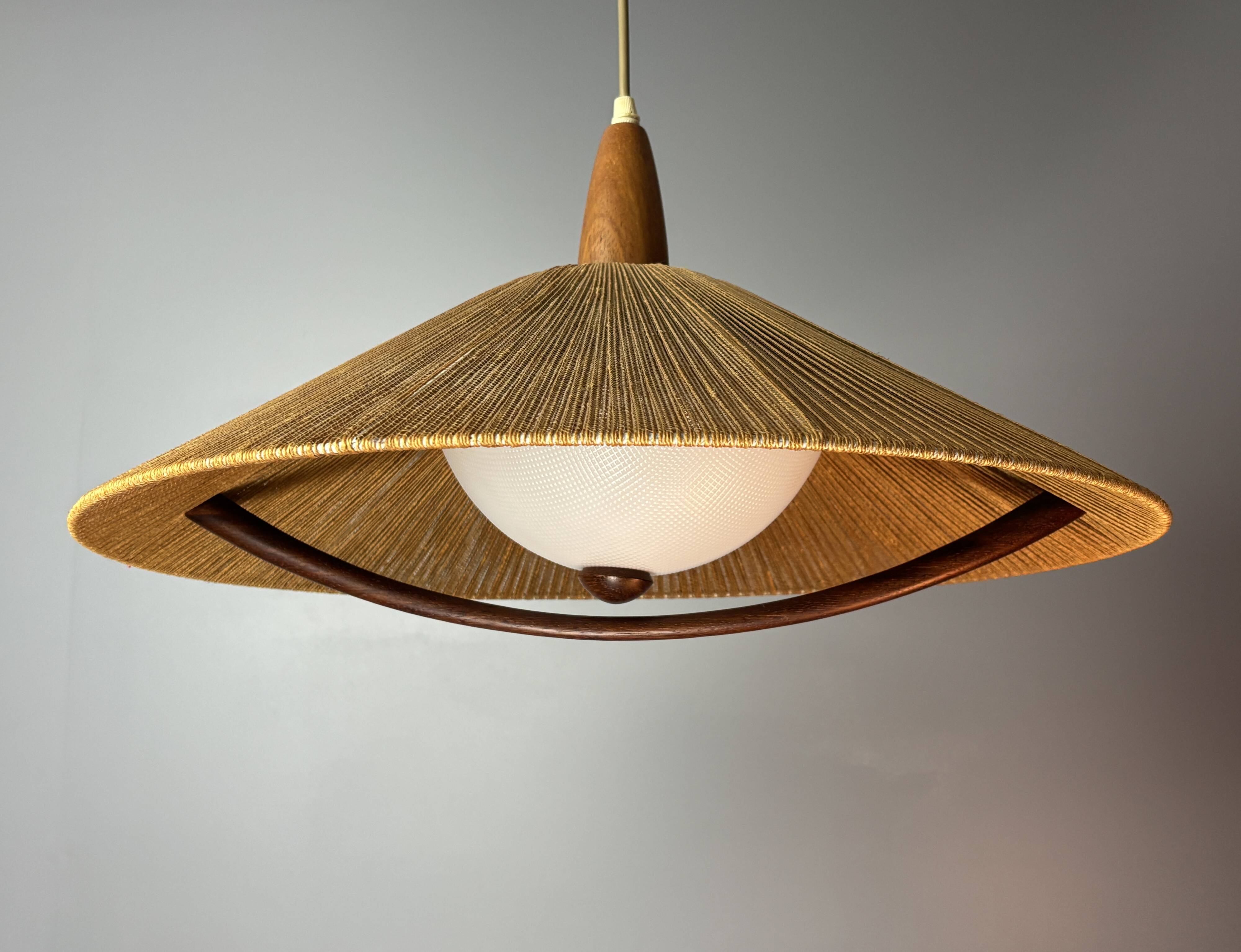 Large Mid-Century Teak and Sisal Cord Pendant from Temde Leuchten, 1960s