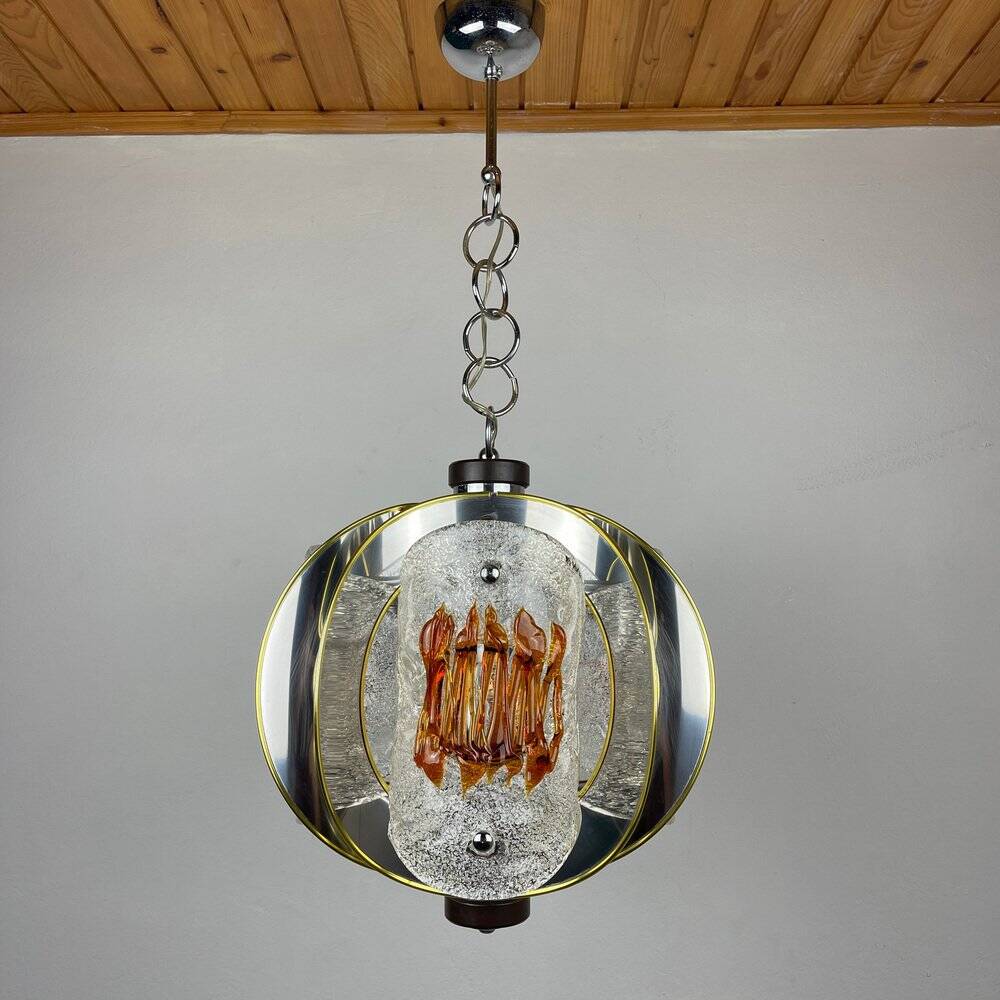 Amber mid-century chrome chandelier by Toni Zuccheri for Veart, Italy, 1970s.
