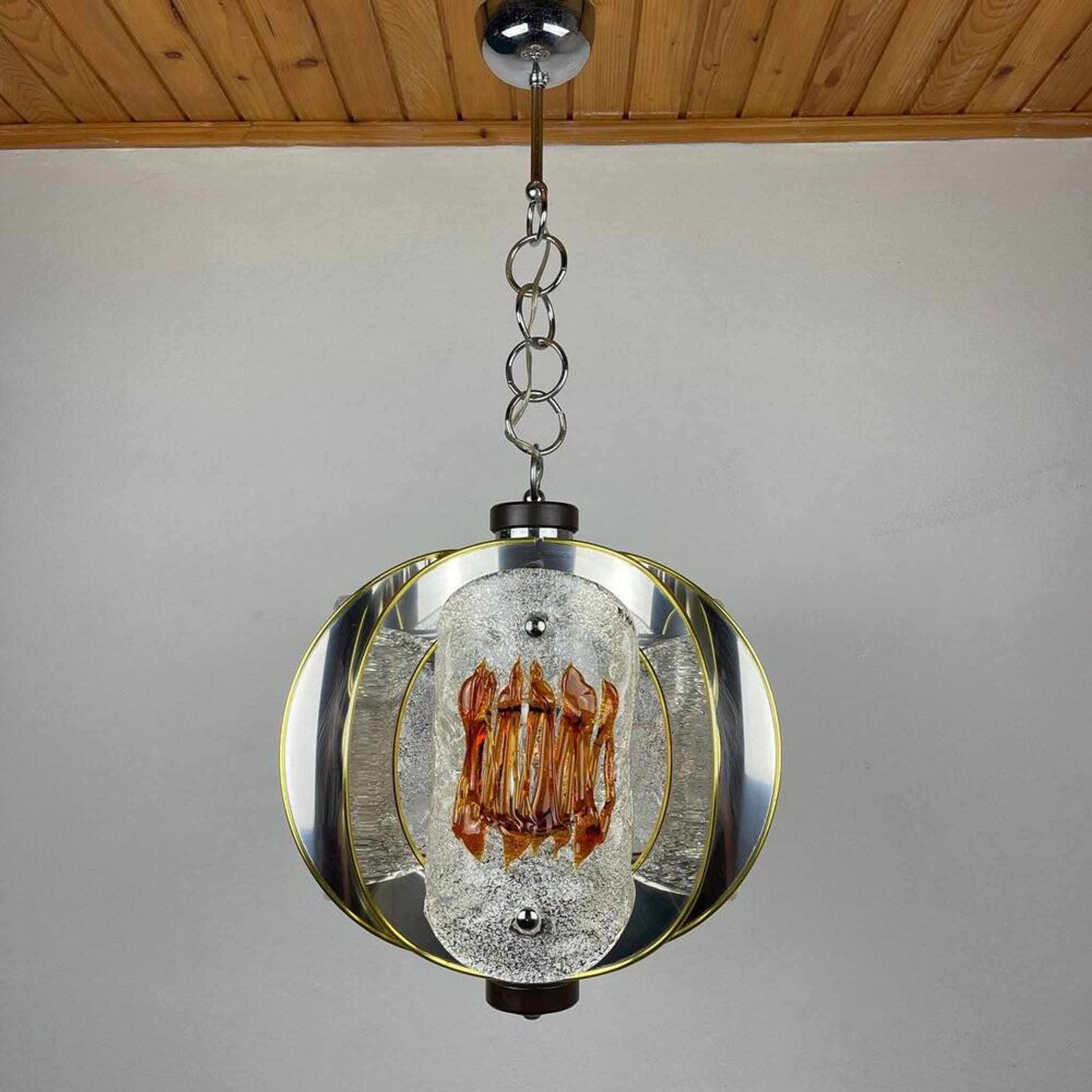 Amber mid-century chrome chandelier by Toni Zuccheri for Veart, Italy, 1970s.