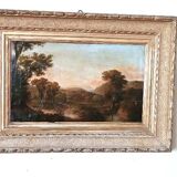Antique painting on canvas depicting a bucolic landscape