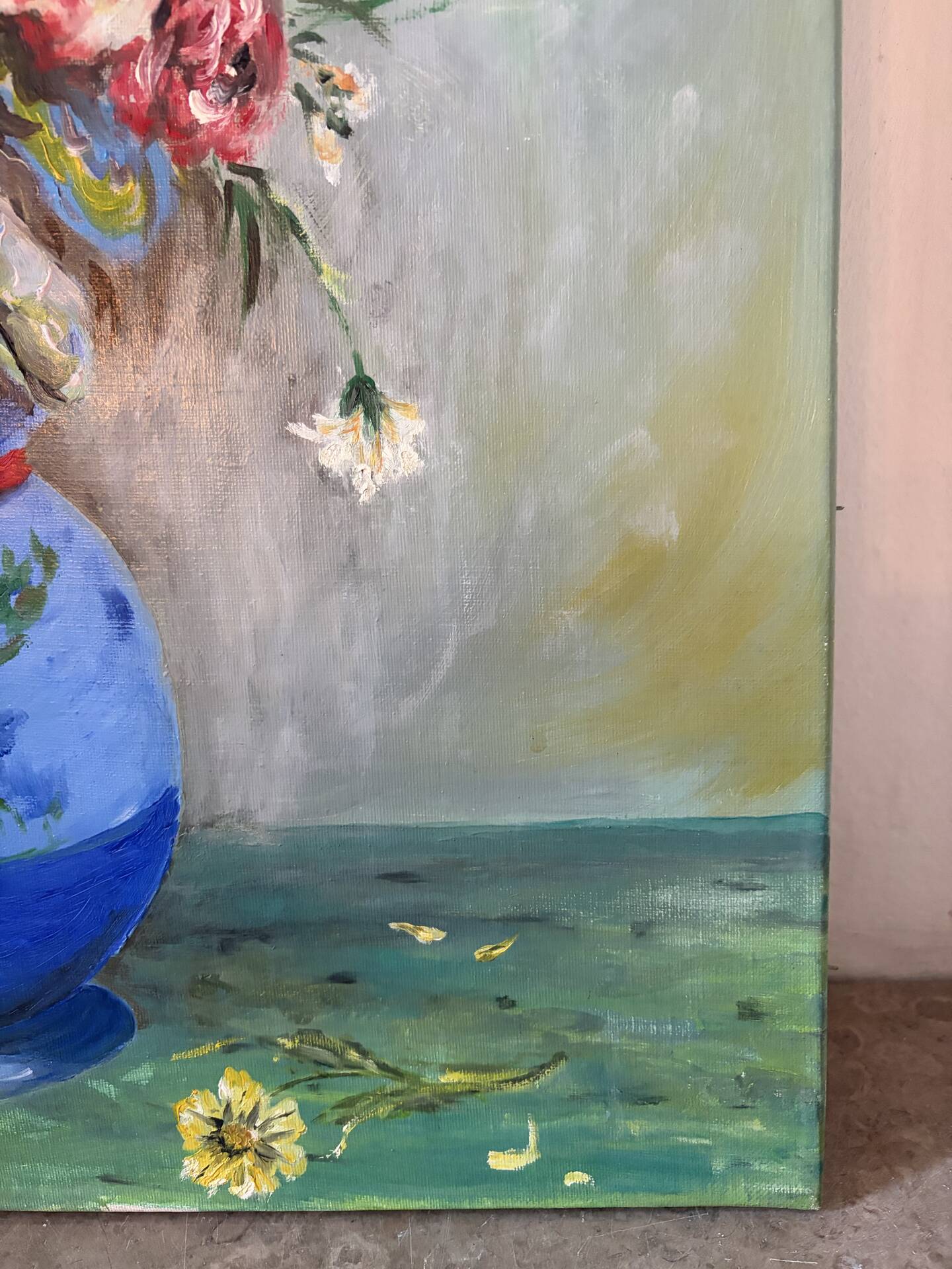 Bouquet in a blue vase, oil on canvas signed
