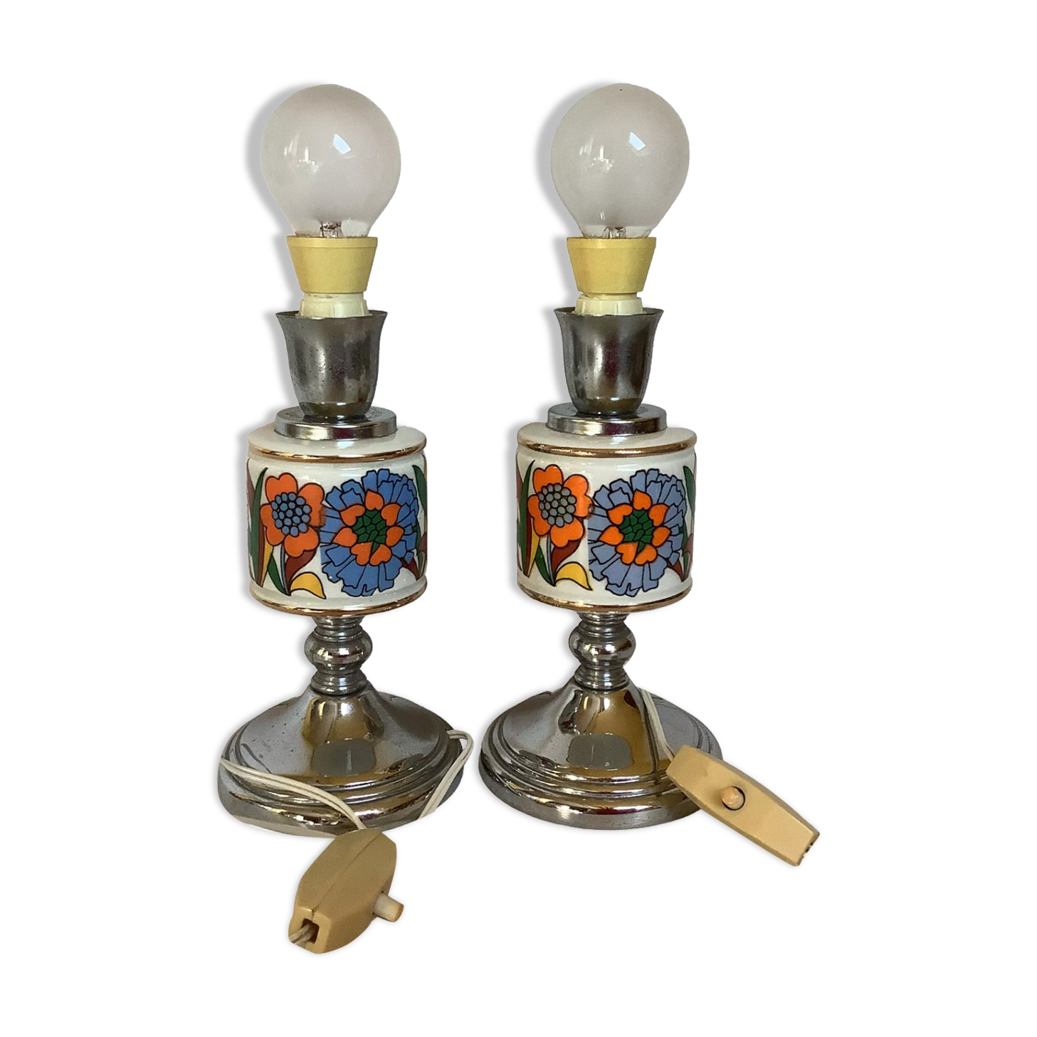 Pair of lamps style Acapulco ceramic and chromed metal
