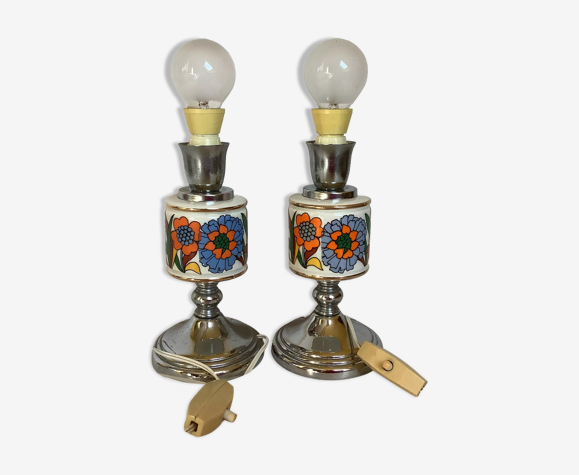 Paire de lampes style Acapulco céramique et métal chromé