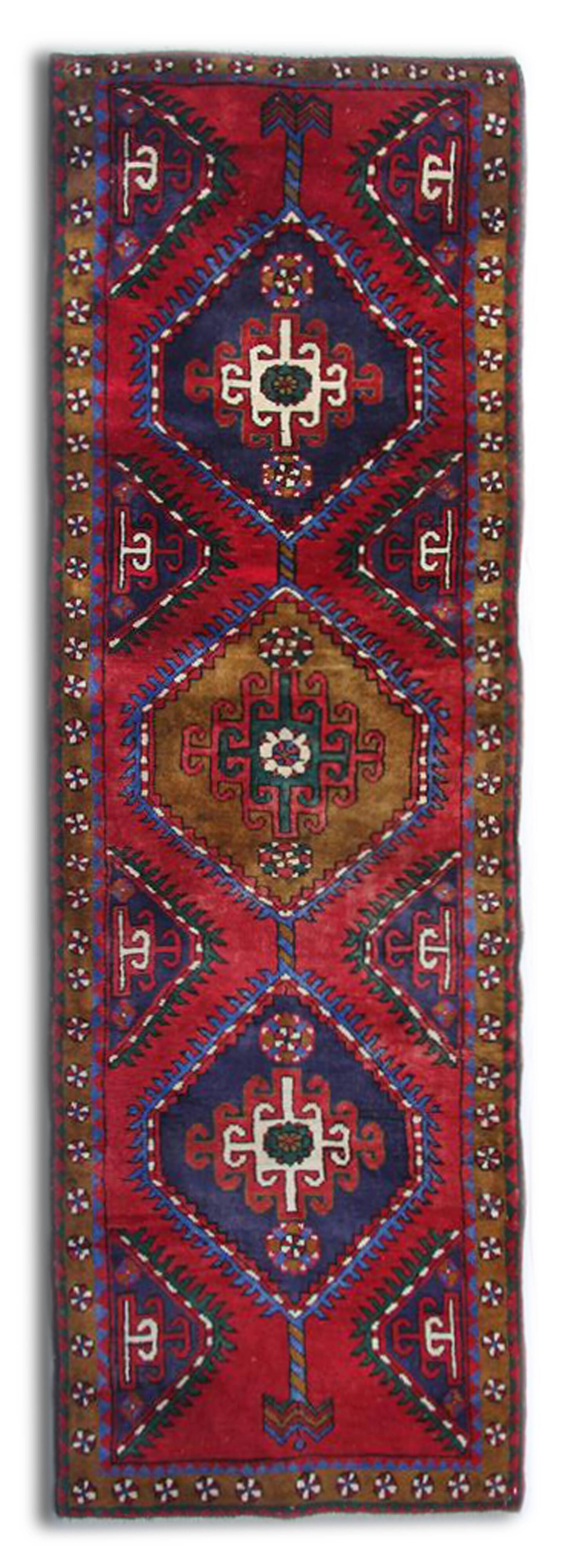 Vintage Geometric Burgundy Red Wool Runner Rug, 1950s Hand-Knotted Carpet