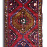 Vintage Geometric Burgundy Red Wool Runner Rug, 1950s Hand-Knotted Carpet