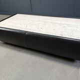 Leather and travertine coffee table attr to Desede, 1970s